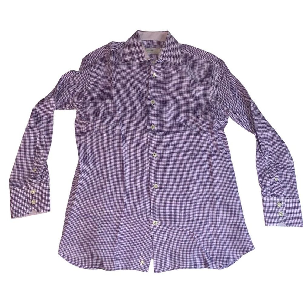 Michelle Farmer Women's linen Purple Check Long Sleeve Button-Up Shirt Size L